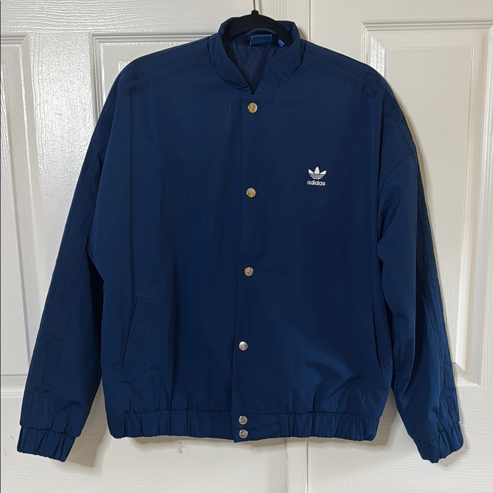 NWOT Vintage Oversized Adidas Blue Bomber Quilted Jacket with Ribbed Collar